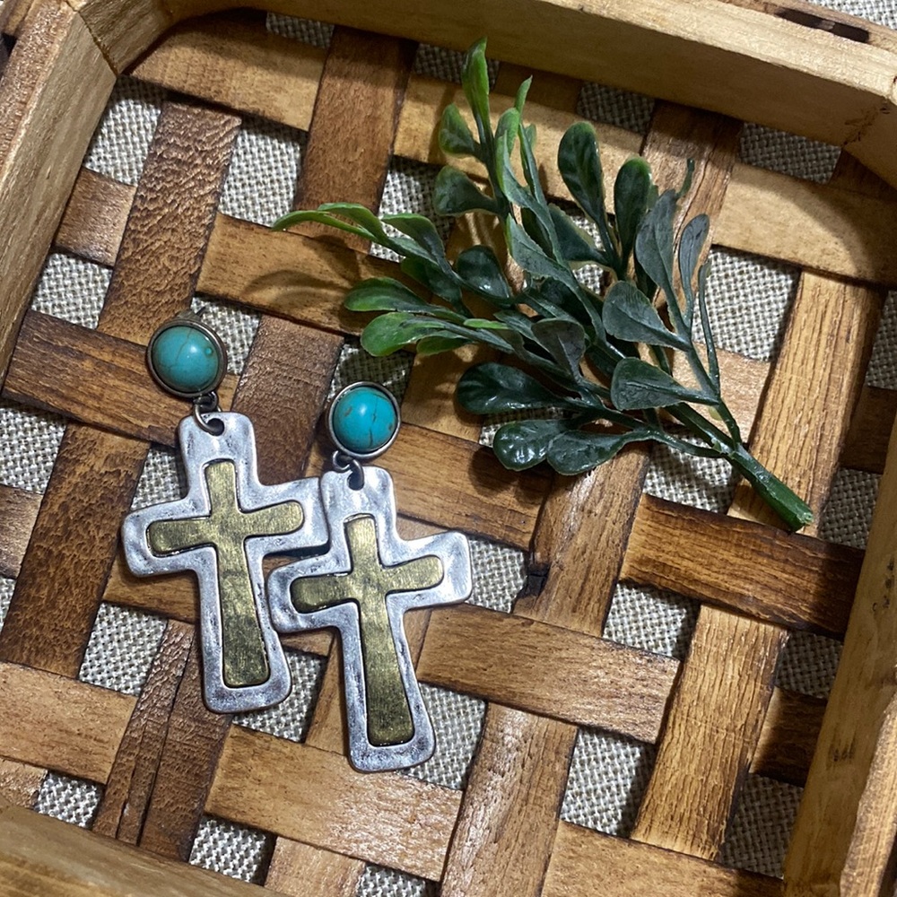 Bronze/Silver Cross Earrings with Turquoise